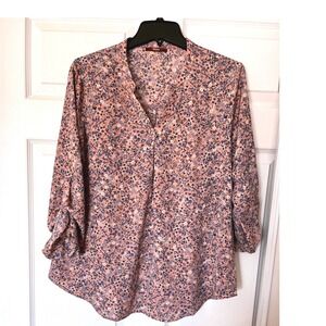 Gaharu Womens Floral Roll Tab Sleeve‎ Blouse Dusty Rose Blue V-Neck Top Large